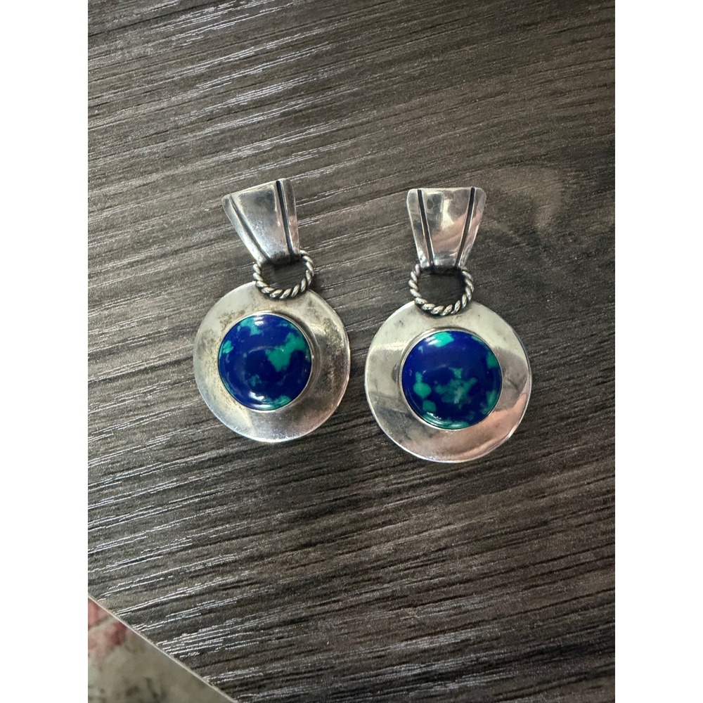 Sterling Silver Azurite Malachite Dangle Earrings signed "M"(Manygoats)